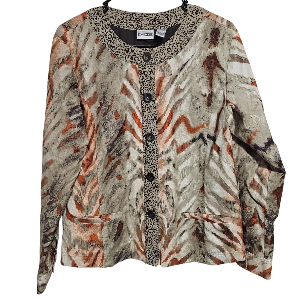 Chicos Animal Print Button Up Fashion Jacket Womens Size 12 Leopard Accents